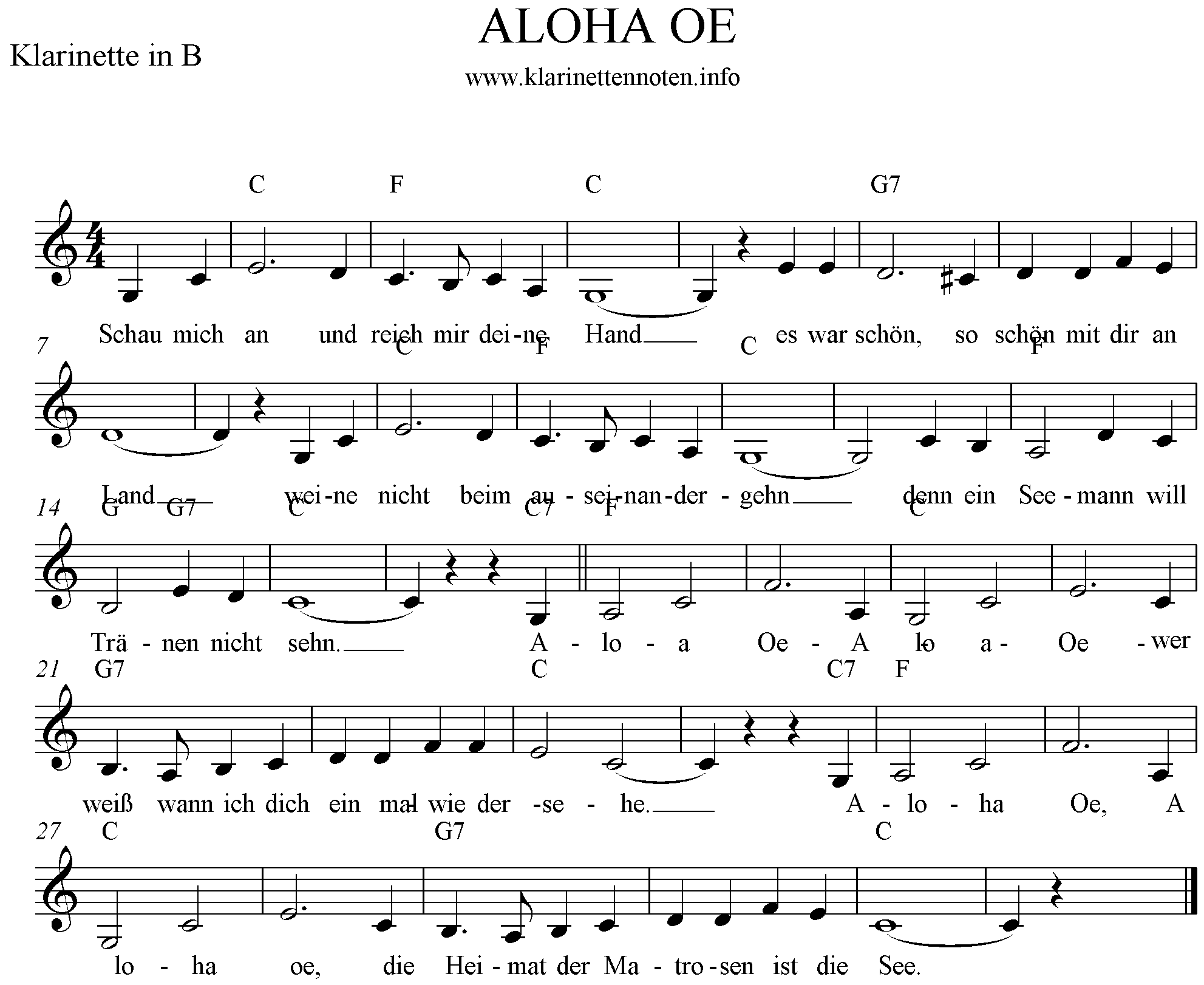 Aloha Oe Noten Klarinette tief C-Dur.