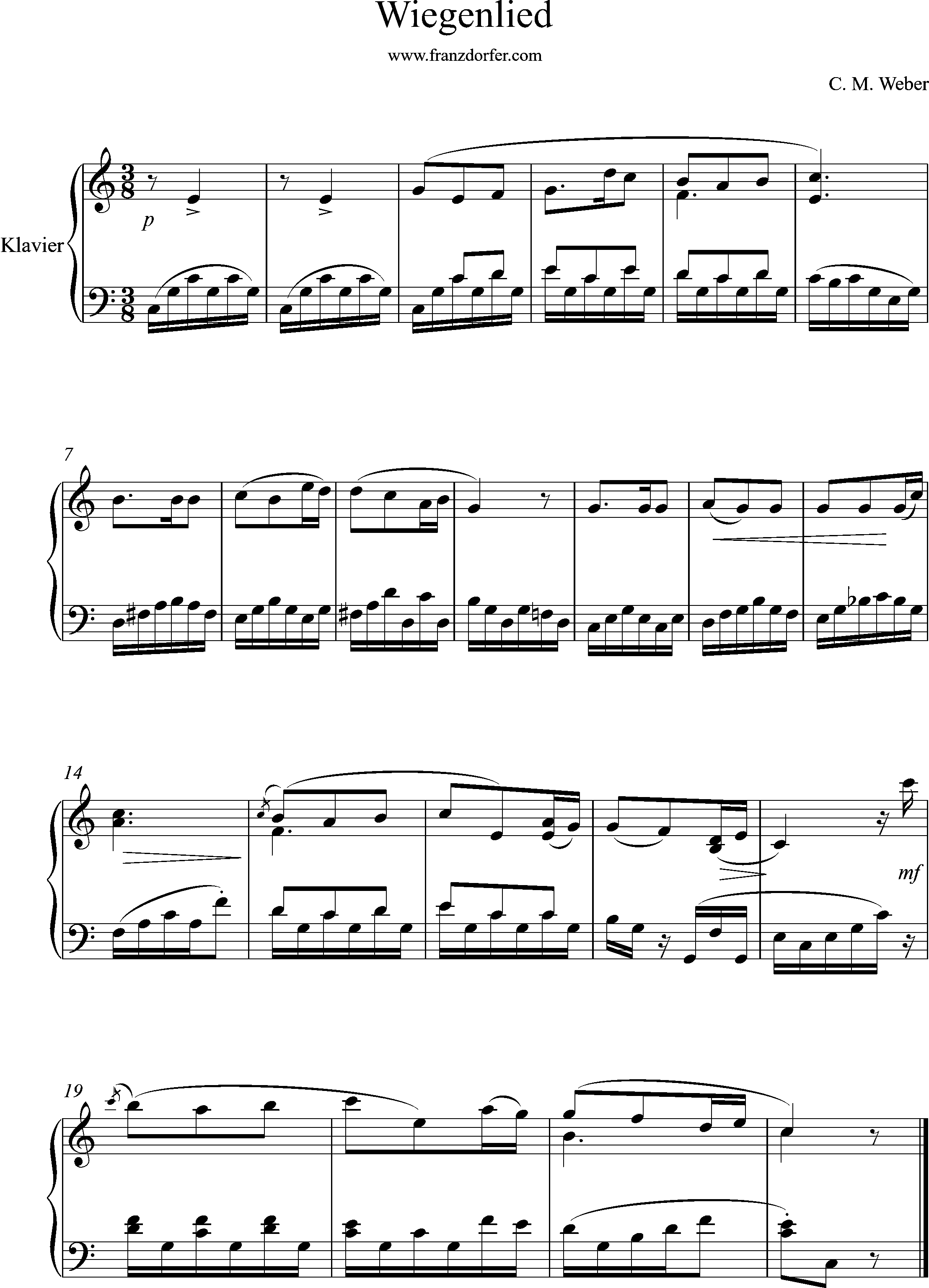 klaviernoten, Wiegenlied, Weber